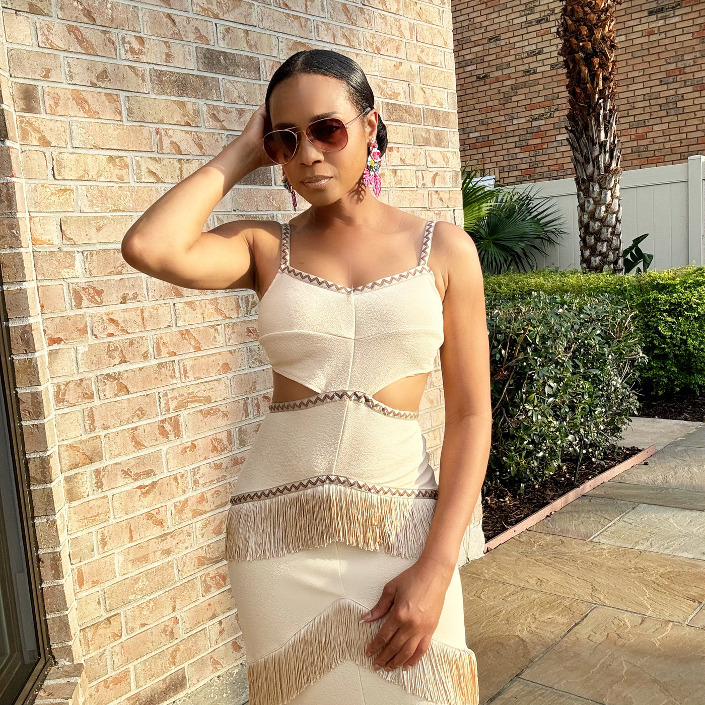 The Mushka Fringed Khaki Tiered Lux Dress