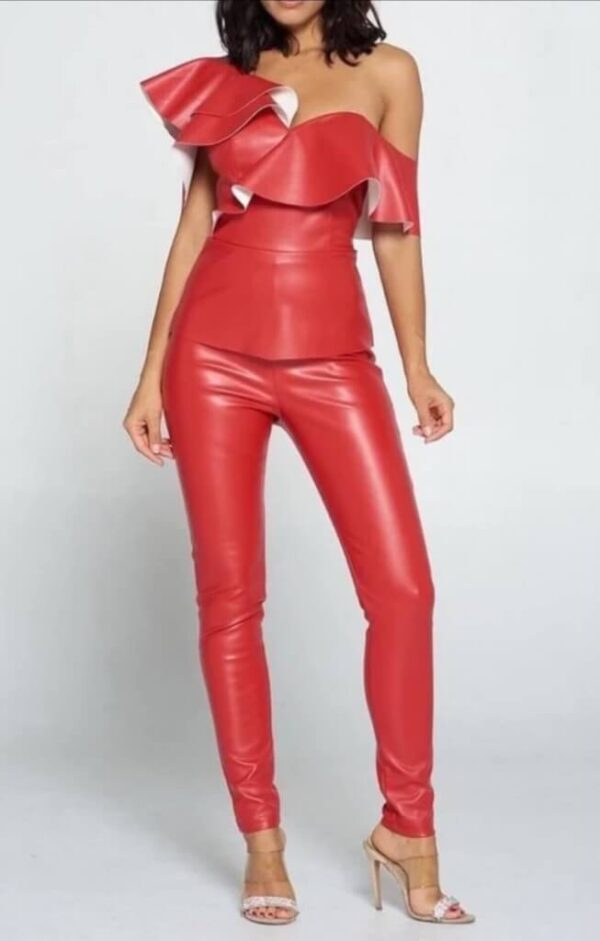 Red Vegan Leather One Shoulder Ruffled Top Set