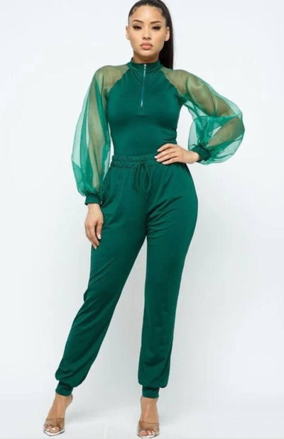 Oversized Mesh Sleeve Bodysuit with Jogger Pants