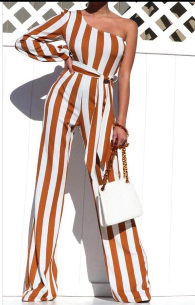 Stretch One Sleeve Striped Jumpsuit