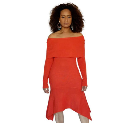 Orange Off Shoulder Sweater Dress