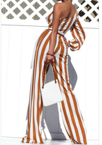 Stretch One Sleeve Striped Jumpsuit