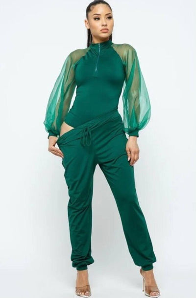 Oversized Mesh Sleeve Bodysuit with Jogger Pants